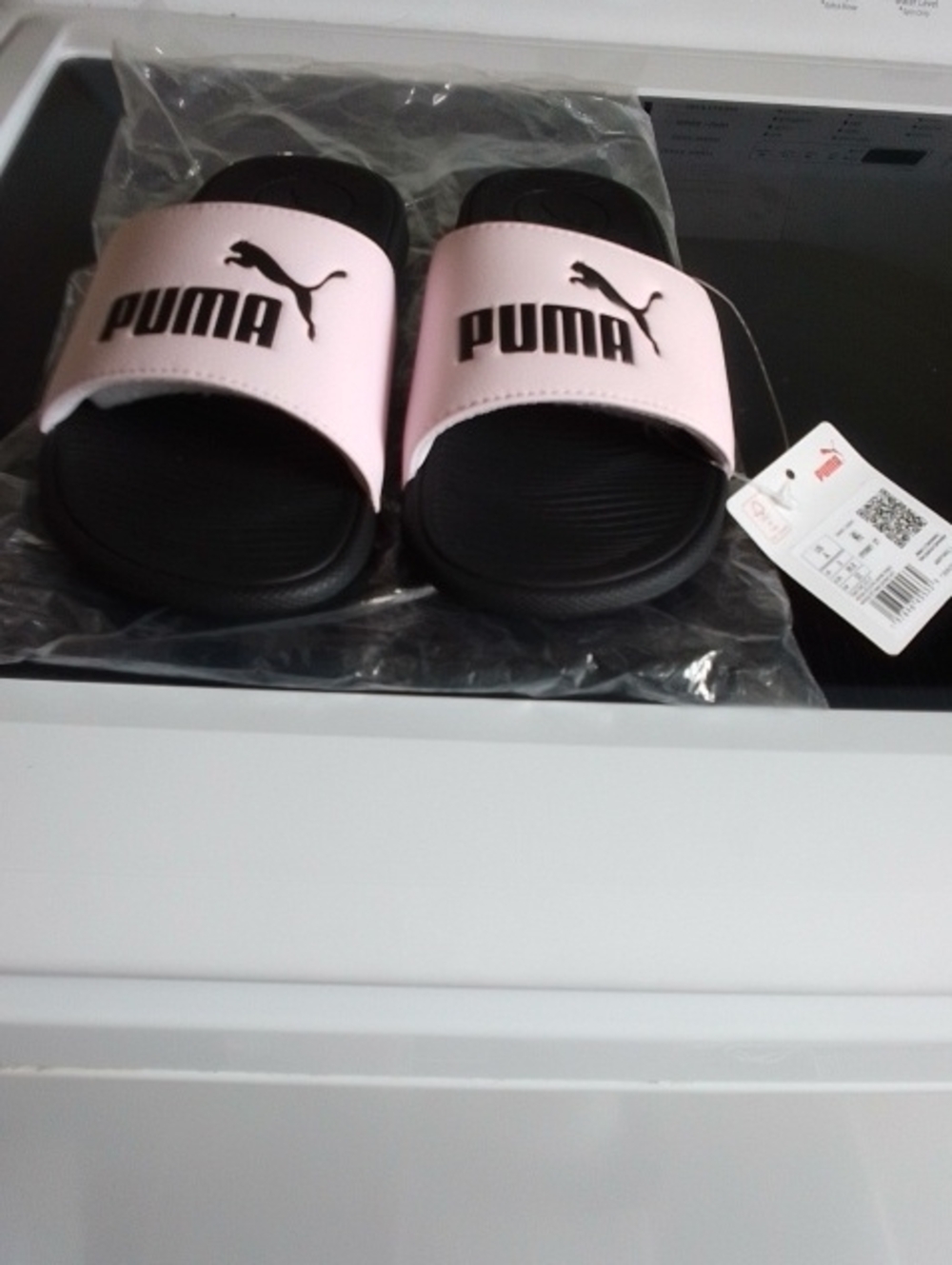 Puma Black Footbed Pink Strap Logo Slide Sandals